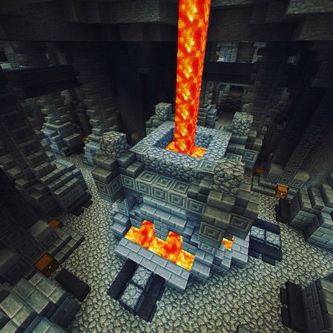 The grand forge in Binnet Dum. Dwarven Base Minecraft, Minecraft Underground Dwarven City, Mineshaft Design Minecraft, Minecraft Forge Ideas, Minecraft Dungeon Ideas, Minecraft Forge Design, Minecraft Dwarven City, Minecraft Dwarven, Forge Minecraft