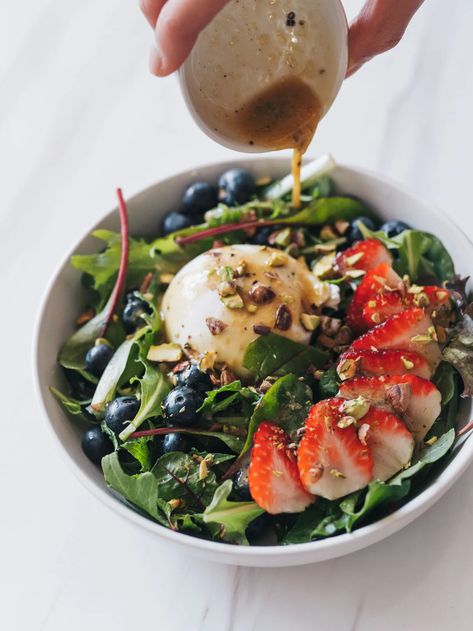 Berry Burrata Salad, Strawberry Burrata Salad, Lemon Dijon Dressing, Red Spinach, Pistachio Salad, Dijon Dressing, Strawberries And Blueberries, Gourmet Salad, Chloe Ting