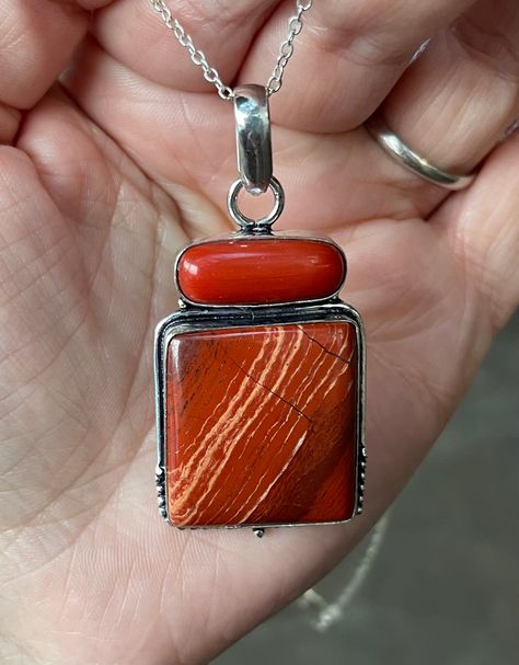 "Natural, Red Coral and natural Red Rainbow Jasper, pendant necklace, set in oxidized, 925 sterling silver plated over copper setting, and 20\" inches long chain. Pendant, Bail Included: 2.25\" x 1.25\" inches." Jewlery Rings, Pendant Bail, Simple Silver Jewelry, Metalwork Jewelry, Jewelry Design Inspiration, Handmade Jewelry Necklace, Jasper Pendant, I Love Jewelry, Oxidized Silver