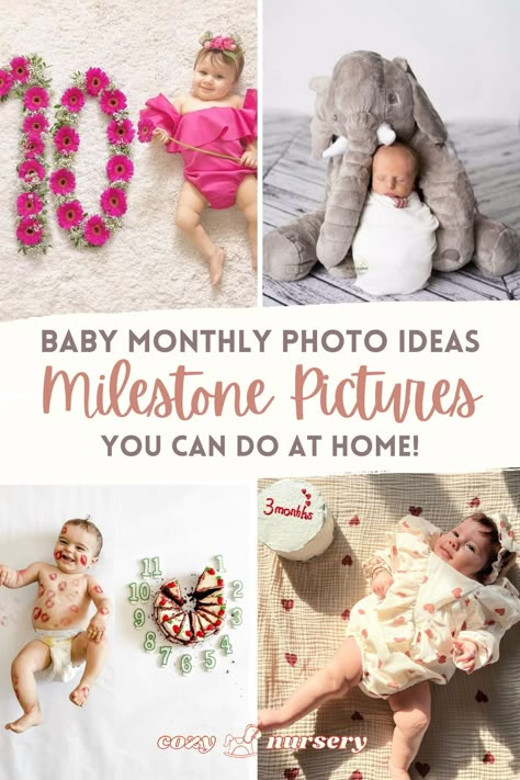 Hey Mom! Today we share Baby Monthly Photo Ideas that are cute and so easy to remake at home!  Our Milestone Pictures Ideas collection is perfect for your monthly baby picture collections. Read more! #milestonephoto #babypics Photos To Take Of Newborn, 7 Month Pictures, Baby Milestones Pictures Ideas, Creative Milestone Baby Pictures, Seven Month Baby Photoshoot, Ideas For Baby Monthly Pictures, Newborn One Month Pictures, First Year Monthly Picture Ideas, Newborn Monthly Photo Ideas