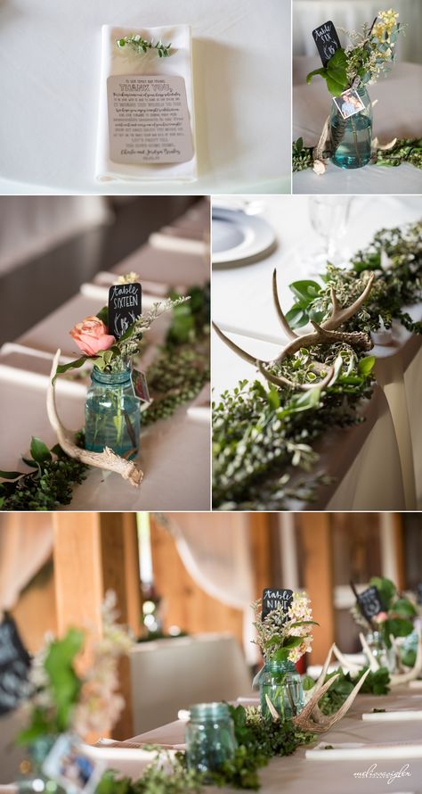 Wedding Bouquets With Antlers, Deer Shed Centerpiece Wedding Ideas, Deer Shed Wedding Decor, Deer Themed Wedding, Deer Antler Wedding Centerpieces, Deer Antler Centerpieces, Deer Antler Wedding Decor, Antler Centerpiece Wedding, Antler Wedding Centerpieces