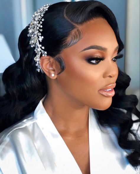 Glam Bride Makeup, Black Brides Hairstyles, Bride Hairstyles Updo, Black Bridal Makeup, Natural Hair Wedding, Deep Wave Hair, Black Wedding Hairstyles, Natural Wedding Hairstyles, Beautiful Bridal Hair