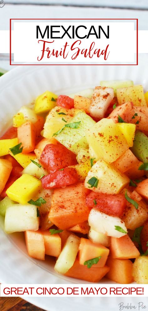 This Mexican Fruit Salad is a fresh, light and delicious recipe. Five different tropical fruits are combined with honey and spices to make an authentic Tex-Mex experience that would be a great Cinco De Mayo recipe! Taco Bar Side Dishes Appetizers, Cinco De Mayo Salad Recipes, Cinco De Mayo Meal Ideas, Mexican Fruit Dessert Recipes, Cinco De Mayo Fruit Ideas, Cinco De Mayo Healthy Recipes, Cinco De Mayo Fruit Platter, Fiesta Party Appetizers, Tex Mex Appetizers For Party