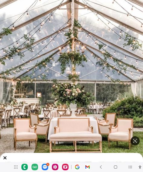 Cafe Lights Wedding, Wedding Tent Decorations, Hanging Greenery, Event Venue Spaces, Backyard Tent, Clear Tent, Mountain Top Wedding, Garden Wedding Reception, Wedding Planning Decor