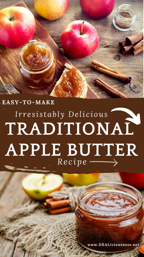 A Quick and Easy Traditional Apple Butter Recipe from DEALiciousness.net! Fall Flavors in Every Spoonful Experience the pure delight of autumn with our mouthwatering Traditional Apple Butter recipe! As the leaves turn vibrant hues and the air carries a comforting chill, indulge in the warm embrace of sweet and tangy apples slow-cooked to perfection. This cherished recipe captures the essence of time-honored traditions, infusing your kitchen with the rich aroma of cinnamon, nutmeg, and cloves. Apple Butter Canned, Old Fashion Apple Butter Recipe, Sweet Apple Butter Recipe, Southern Apple Butter Recipe, The Best Apple Butter Recipe, Easy Homemade Apple Butter, Vanilla Apple Butter, Ball Canning Recipes Apple Butter, Crockpot Apple Butter For Canning