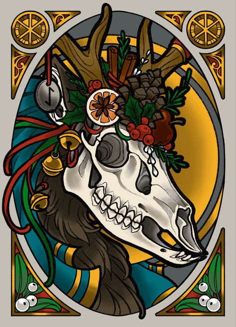 Mari Lwyd Tattoo, Yule Wallpaper Pagan, Yule Drawings, Yule Tattoo, Mari Lwyd Art, Mari Lwyd, Yule Linocut, Yule Tarot, Yule Goat