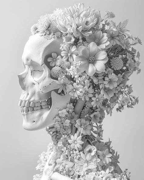 💀🌼⁠ ⁠ ⁠ ⁠ #aiphoto #aiphotography #promptphotography #portrait #photography #digitalart #skull #morbid #darkart #gothic #macabre #3D #darkartist #render #scifimoviesdigitalart #3dart #fantasyartsurrealartsurreal #rendering #conceptart Surreal Character, Reference Photos For Artists, Gcse Art Sketchbook, Ceramic Art Sculpture, Fairytale Photography, Gcse Art, Amazing Drawings, Realism Tattoo, Fantasy Concept Art