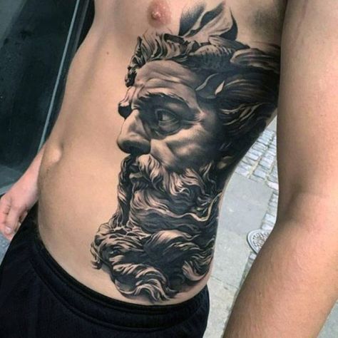 Best 3d Tattoos, Rib Tattoos For Guys, Greek God Tattoo, Atlas Tattoo, Best Leg Tattoos, Poseidon Tattoo, Cage Tattoos, Zeus Tattoo, Ribcage Tattoo