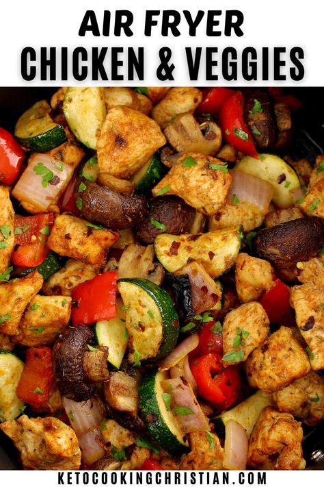 This easy recipe for Air Fryer Chicken Bites with Veggies combines perfectly seasoned, juicy chicken with a medley of tender, colorful vegetables. It's a healthy and delicious low-carb meal you can prepare in 20 minutes. #airfryerchicken #chickenbites #lowcarbdinner #ketochickenandveggies Air Fryer Chicken And Zucchini Recipes, Air Fryer Chicken Veggies, Low Carb Chicken And Veggie Recipes, Air Fryer Hibachi Chicken And Vegetables, Chicken And Veggies Instant Pot, Chicken And Veggies Air Fryer, Chicken And Vegetables Air Fryer, Air Fryer Chicken And Vegetables, Air Fryer Mediterranean Recipes