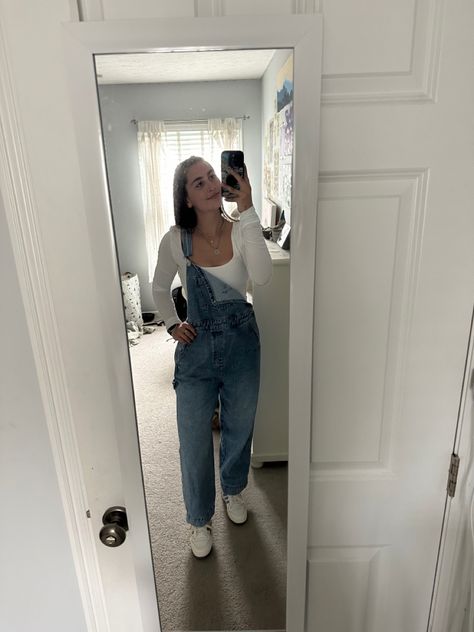 #overalls #outfits #adidas #freepeople Overalls In Winter Outfits, Overalls Outfit With Long Sleeve, Cold Overall Outfits, Flare Overalls Outfit, Overalls With Uggs, Overalls Outfit Winter Aesthetic, Winter Overalls Outfit Sweaters, Overall Outfits Winter, Winter Overalls Outfit Grunge