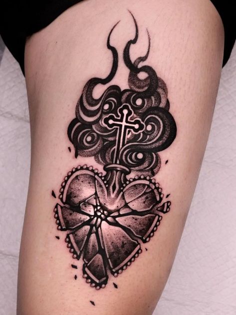 Tattoo uploaded by Tattoodo | sacred heart tattoo by kimsatgat #kimsatgat #sacredheart #brokenglass #shattered #fire #cross | 1489124 | Tattoodo Blessed Tattoo Ideas, Blessed Tattoo, Sacred Heart Tattoo, Sacred Heart Tattoos, 4 Tattoo, Fire Tattoo, Tatuaje A Color, Heart Tattoo Designs, Tattoo Sleeve Designs