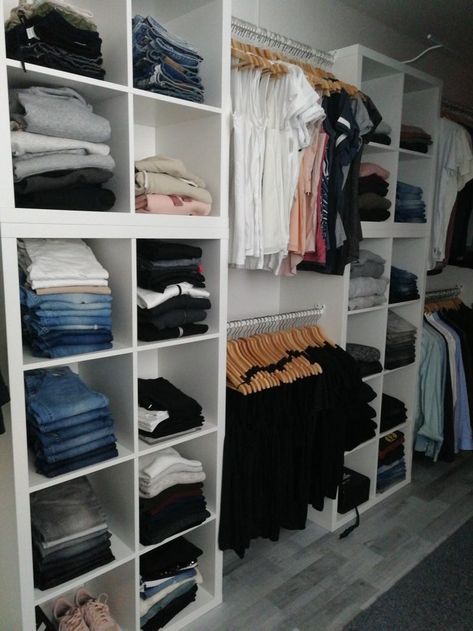 Dressing Kallax Ikea, Cube Closet Organization, Kallax Closet, Bedroom Turned Closet, Spare Bedroom Closets, Dressing Ikea, Master Closet Design, Ikea Closet, Gifts Homemade