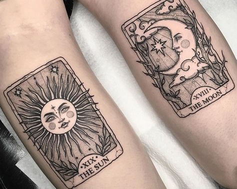 The 9 Best Sun and Moon Tattoo Designs - What They Mean Black Heart Tattoos, Sun And Moon Tarot, Moon Sun Tattoo, Sun Tattoo Designs, Tarot Tattoo, Tarot Card Tattoo, Card Tattoo Designs, The Moon Tarot Card, The Moon Tarot