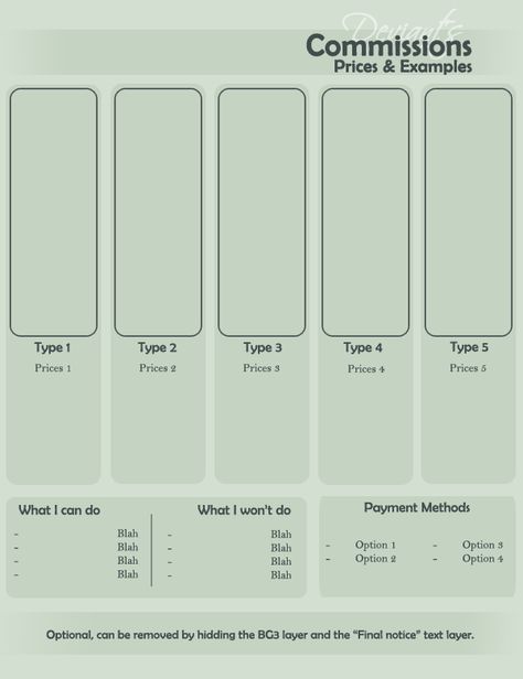 Commission Template Art, Art Comission Prices, Carrd Inspo Art Commissions, Commission Prices Sheet, Comissions Art Prices Template, Art Comissions Template, Art Commissions Sheet, Art Commissions Template, Commission Sheet Ideas