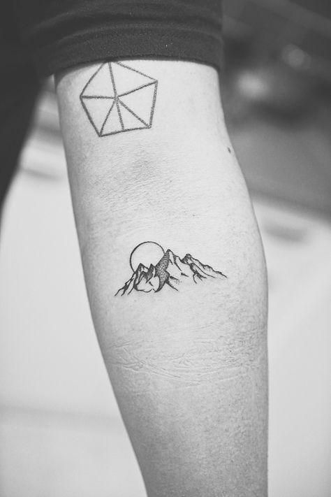 Tattoo of mountain, arm Mountain Sunset Tattoo, Sunset Tattoo, Sunset Tattoos, Mountain Tattoo, Mountain Sunset, Birds Tattoo, Triangle Tattoo, Geometric Tattoo, Tattoo Ideas