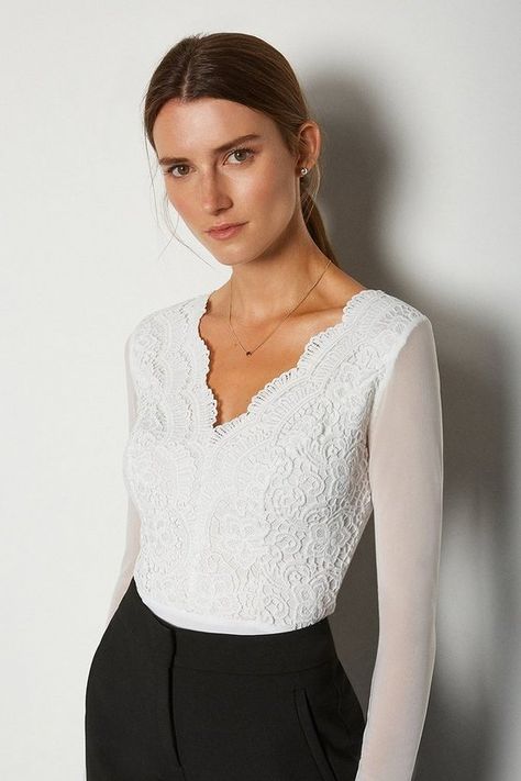 Long Sleeve Lace Bodysuit | Karen Millen Wedding Skirt Top, Long Sleeve Lace Bodysuit, Bridal Bodysuit, Waterfall Dress, Long Sleeve Lace Top, White Lace Bodysuit, Ladies Clothes Fashion, Full Skirt Dress, Ladies Clothes