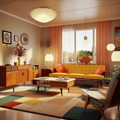 60s Furniture 1960s Interior Design, Atomic Living Room, 60s Interior Design 1960s Living Rooms, 1950 House Interior, 1960s Home Aesthetic, Retro House Interior, 60s Decor Home, 1950s Aesthetic Home, Retro Style Interior Design