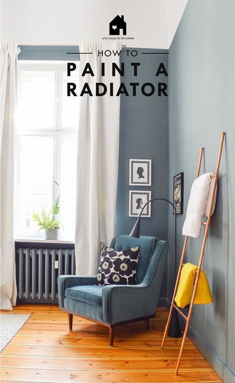 How To Paint A Radiator Without Removing It | Easy DIY Guide Hide Wall Imperfections, Bedroom Corner, On The Corner, Spare Bedroom, Paint Colours, Reading Corner, Blue Rooms, Blue Bedroom, Master Bedrooms Decor