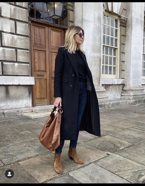 Suede Ankle Boots Outfit, Brown Suede Boots Outfit, Tan Boots Outfit, Brown Ankle Boots Outfit, Ankle Boots Outfit Winter, Suede Boots Outfit, Black Coat Outfit, Brown Boots Outfit, Emma Hill