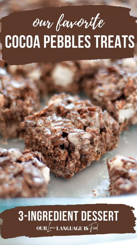 If you love chocolate and rice krispie treats, these easy cocoa pebbles krispie treats are sure to be your new favorite! This is the best of the best for cocoa pebbles treats recipes, and only uses 3-ingredients to make! Be sure to SAVE this pin if you love no bake desserts recipes, cereal bars with marshmallows, rice krispie squares, or are looking for easy desserts for a crowd! Rice Krispie Treats With Other Cereal, Rice Crispy Treats With Chocolate Chips, Rice Krispie Treats With Cocoa Pebbles, Hot Cocoa Rice Crispy Treats, Cocoa Crispy Treats Rice Krispies, Coco Rice Krispie Treats, Hot Coco Rice Krispies, Coco Pebbles Cookies, Cocoa Puff Rice Krispie Treats