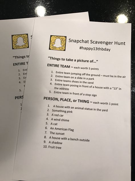 Snapchat Neighborhood Scavenger Hunt Teenage Birthday Party, Teen Party Games, Sleepover Games, Fun Sleepover Ideas, Scavenger Hunts, 13th Birthday Parties, Birthday Party For Teens, Sweet 16 Birthday Party, 18th Birthday Party