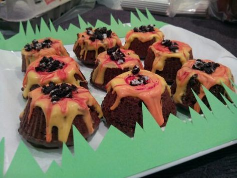 Volcano Snacks For Kids, The Floor Is Lava Birthday Party, Floor Is Lava Birthday Party, Dinosaur Vbs, Lava Party, Dinosaur Treats, Volcano Cupcakes, School Diorama, Volcano Party