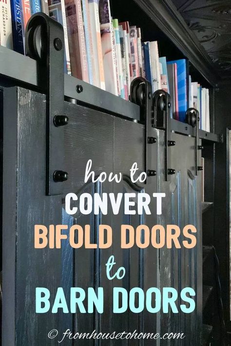 How to convert bifold doors to barn doors Bifold Barn Doors Diy, Bifold Door Makeover, Bifold Doors Makeover, Living Room Closet, Door Shelf, Bifold Door, Sewing Room Storage, Bifold Closet Doors, Bifold Barn Doors