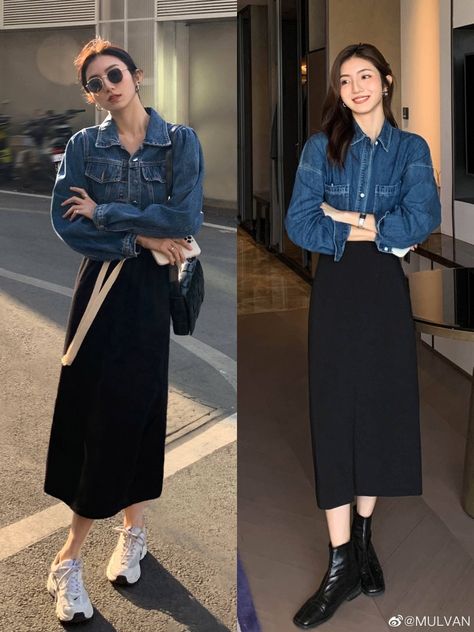 Black Skirt Autumn Outfit, Denim Skirt Outfit Autumn, Winter Denim Skirt Outfit, Ootd Korean Style Casual, Japan Spring Fashion, Japan Autumn Outfit, Japanese Look, Black Denim Skirt Outfit, Korean Outfit Street Styles