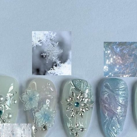 Press On Nails on Instagram: "⋆꙳•̩̩͙❅*̩̩͙‧͙Crystal Frost࿐ ࿔*:･❄️
.
.
.
Top thumb & bottom middle finger designed by @oaklestudio

#nailsnailsnails #icynails #frostnails #pressonnails #instagram #viral #beauty #recommend #lacenails #aesthetic" Frosted Glass Nail Design, Frost Nails, Frosty Nails, Icicle Nails, Nails Snow, Ongles Design, Snow Nails, Lace Nails, Snow Crystal