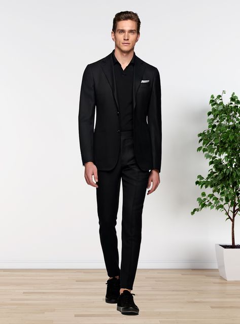 An all-black ensemble featuring a tailored suit, comfortable polo T-shirt, and trendy sneakers. A perfect blend of sophistication and modern ease, suitable for any stylish occasion. All Black Suit With Sneakers Men, Modern Black Semi-formal Suit, Modern Black Single-breasted Suit, Luxury Black Single-breasted Suit, Black Polo T Shirt, Classic Single-breasted Black Tie Suit, Tailored Suit, Suit Black, Polo T Shirt