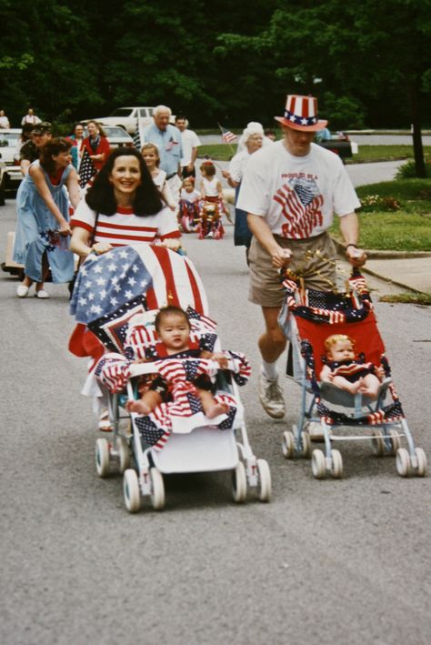 Our family during 1995 Fourth of July Parade, taken by Harriet Miller. Fourth Of July Parade, Fourth Of July Stroller Decorations, Fourth Of July Golf Cart, Fourth Of July Lake Aesthetic, Old Hollywood 4th Of July, Fourth Of July Pregnancy Announcement, Fourth Of July, Stroller, Baby Strollers