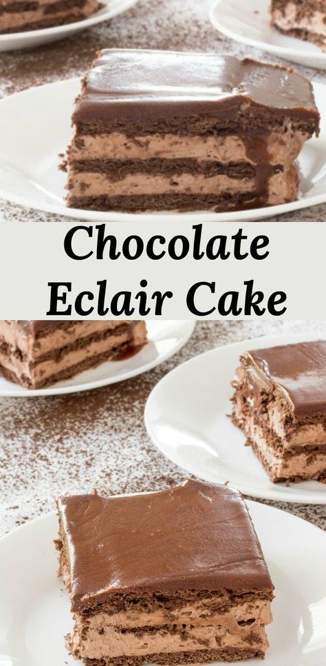 No Bake Chocolate Eclair Cake, No Bake Chocolate Eclair, Oreo Dirt Pudding, Eclair Cake Recipe, Chocolate Eclair Dessert, No Bake Eclair Cake, Eclairs Dessert, Eclair Cake Recipes, Chocolate Eclair Cake