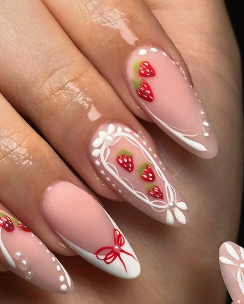 in lovee🥹🍓 . . . #nailart #nails #nailsofinstagram #nailaddict #naildesigns #naillove #strawberry #strawberrynails #whitenails #rednails Strawberry Coquette Nails, Strawberry Shortcake Inspired Nails, Acrylic Nails Strawberry, Strawberry French Tip Nails, Frosting Nails, Strawberry Cow Nails, Strawberry Nails Acrylic, Trendy Birthday Nails, Monthly Nails