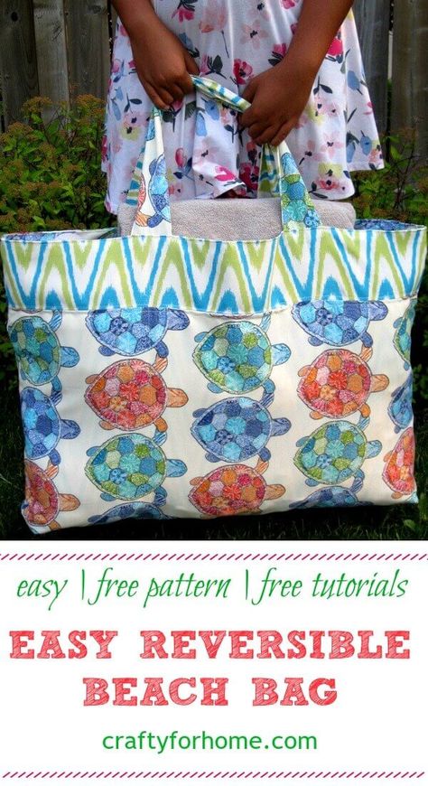 Easy Reversible Beach Bag | Crafty For Home Beach Bag Tutorials, Beach Bag Pattern, Fun At The Beach, Large Beach Bags, Sewing Bags, Trendy Sewing, Large Beach Towels, Sewing Tutorials Free, Bag Patterns To Sew