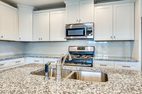 Luna Pearl Granite Countertops, Luna Pearl Granite, Black Kitchen Handles, Kitchen 2020, Condo Remodel, Stone Kitchen, Energy Efficient Homes, New Home Builders, New Energy