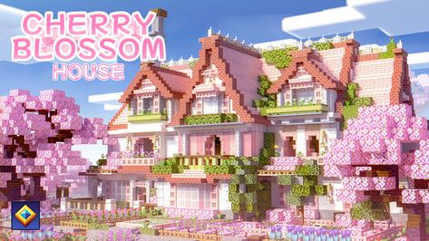 Cherry Blossom House Big House In Minecraft, Cherry Blossom Mansion Minecraft, Minecraft Houses Cherry, Cherry Wood House Minecraft, Cherry Blossom Builds Minecraft, Girly Minecraft Houses, Minecraft Sakura House, Cherry Blossom House Minecraft, Pretty Minecraft Houses