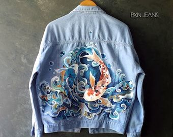 Crop Top Jeans, Jeans Oversize, Koi Fish Painting, Custom Jean Jacket, Oversize Jacket, Painted Clothes Diy, Crop Top Jacket, Hand Painted Clothing, Crop Top With Jeans