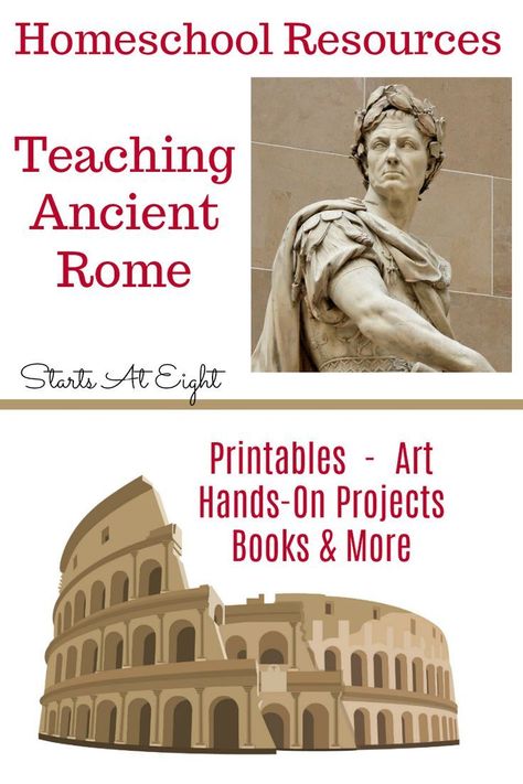 Homeschool Resources: Teaching Ancient Rome from Starts At Eight is a collection of printables, books, art, hands-on activities and more for teaching Ancient Rome in your homeschool. Ancient Rome Projects Middle School, Ancient Rome Unit Study, Ancient Rome Kids Projects, Ancient Rome Lessons, Ancient Rome Kids, Ancient Rome Activity, Ancient Rome Projects, Rome Activities, History Interactive Notebook