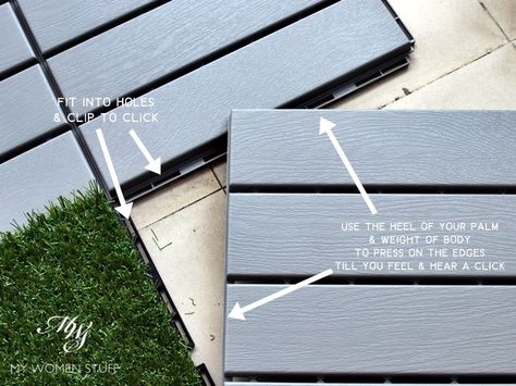 Review: Ikea Runnen Decking - light grey, artificial grass - How to install Ikea Decking Ideas, Ikea Runnen Decking Ideas, Ikea Decking, Ikea Outdoor Flooring Ideas, Ikea Outdoor Tiles, Ikea Flooring Outdoor, Ikea Runnen Decking, Ikea Runnen, Ikea Garden Decking