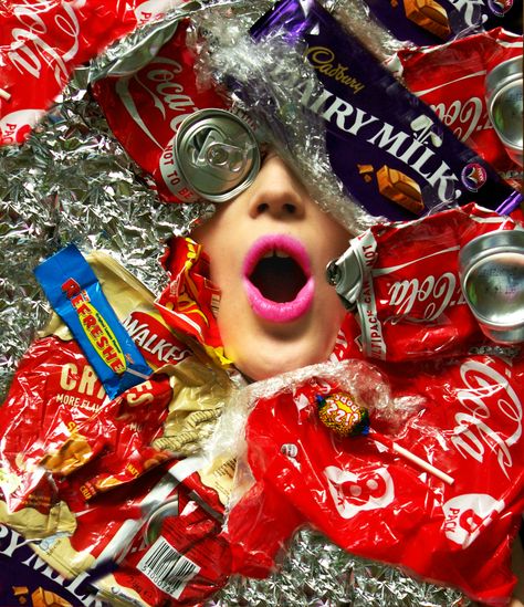 DROWNING IN CONSUMERISM Food Consumption Art, Discarded Items Photography, Consumerism Photography, Consumerism Art, Plastic Photography, Trash Art, Gcse Art, A Level Art, Ap Art