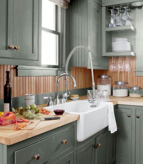 Love this cabinet color!! Benjamin Moore's Mohegan Sage Beadboard Kitchen, Sage Green Kitchen, Beadboard Backsplash, Country Kitchen Designs, Green Kitchen Cabinets, Kitchen Paint Colors, Green Cabinets, Farmhouse Sink Kitchen, Chic Kitchen