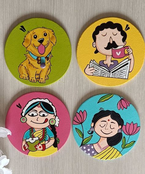 Quirky colorful coasters ! #handpainted #coasters #teacoasters #colorful #quirk #handmadecoasters #handmadeart #homedecor #homedecorindia #handmadewithlove #tohfafactory Handpainted Coasters Ideas, Coaster Art Ideas, Cute Coaster Painting Ideas, Coasters Painting, Circular Canvas Art, Circular Canvas Painting, Coaster Painting, Handpainted Coasters, Colorful Coasters