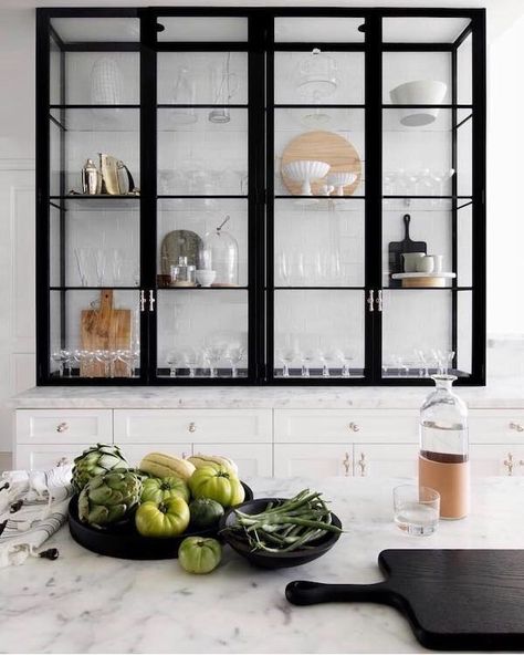 Mashup Monday 5: 22 Inspired Ways To Use Industrial Black Steel and Glass - Slave to DIY Framed Kitchen Cabinets, Glass Kitchen Cabinets, Marble Countertops Kitchen, Decor Ikea, Kitchen Cabinet Doors, Kitchen Trends, Black Cabinets, Kitchen Remodeling Projects, Glass Cabinet