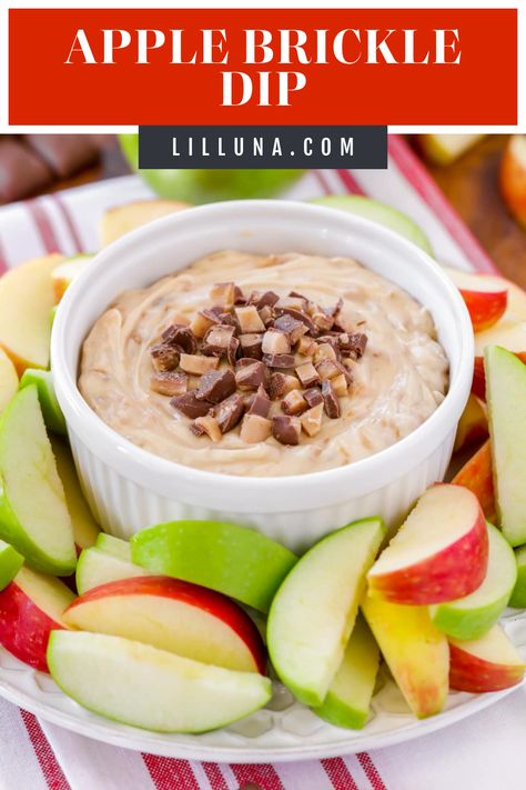 This 5-Ingredient Apple Brickle Dip recipe takes minutes to make and is so delicious! Plus, it uses common ingredients. The addition of Heath Toffee Bits makes it even better! #applebrickledip #appledip #brickledip #fruitdip #diprecipe Apple Brickle Dip, Hand Held Appetizers, Lil Luna Recipes, Brickle Dip, Truffle Flavors, Caramel Homemade, Heath Toffee, Apple Dip Recipe, Cake Batter Truffles