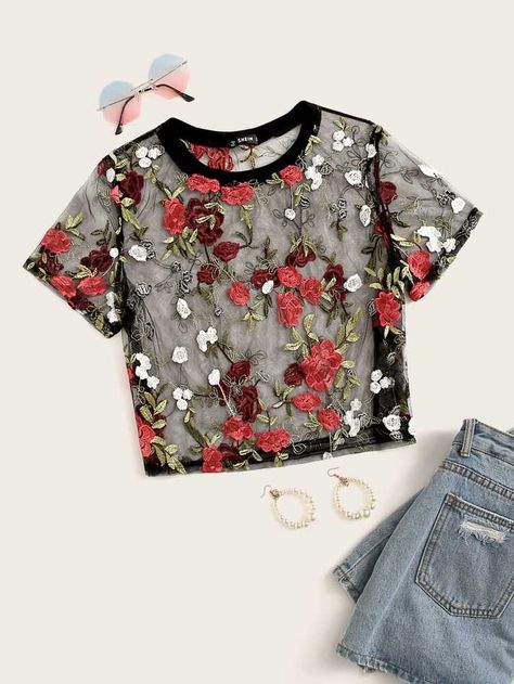 Floral Embroidered Crop Mesh Top | SHEIN USA Flower Crop Top, Sheer Mesh Top, Cute Outfits With Jeans, Mesh Tops, Mesh Blouse, Short Sleeve Cropped Top, Crop Top Blouse, Teen Fashion Outfits, Sheer Fabrics