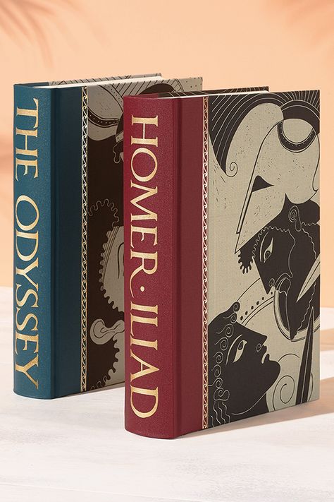 Beautiful collector's editions of Homer's The Iliad and The Odyssey are available at The Folio Society. Quarter-bound in buckram, translated by Robert Fagles and featuring colour illustrations by Grahame Baker-Smith, these are hardback books to treasure. Homer Odyssey, The Iliad, Author Event, Book Cover Design Inspiration, Traditional Books, Folio Society, The Odyssey, Book Spine, Cool Books