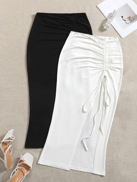 SHEIN VCAY 2pcs Solid Drawstring Split Thigh Spring SkirtI discovered amazing products on SHEIN.com, come check them out! Thigh Skirt, Cute Nike Outfits, Diy Vetement, Long Skirts For Women, Women Skirts, Spring Skirts, Classy Casual Outfits, Body Con Skirt, Cute Simple Outfits