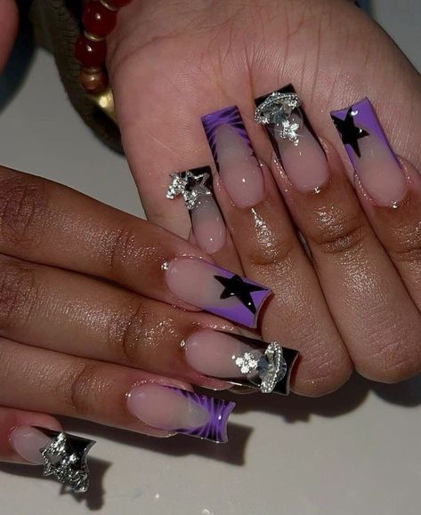 Purple Prom Nails Short, Short Nail Sets, Black And Purple Nails, Junk Nails, Purple Acrylic Nails, Hard Nails, Purple Nail Designs, Nails Design With Rhinestones, Colored Acrylic Nails