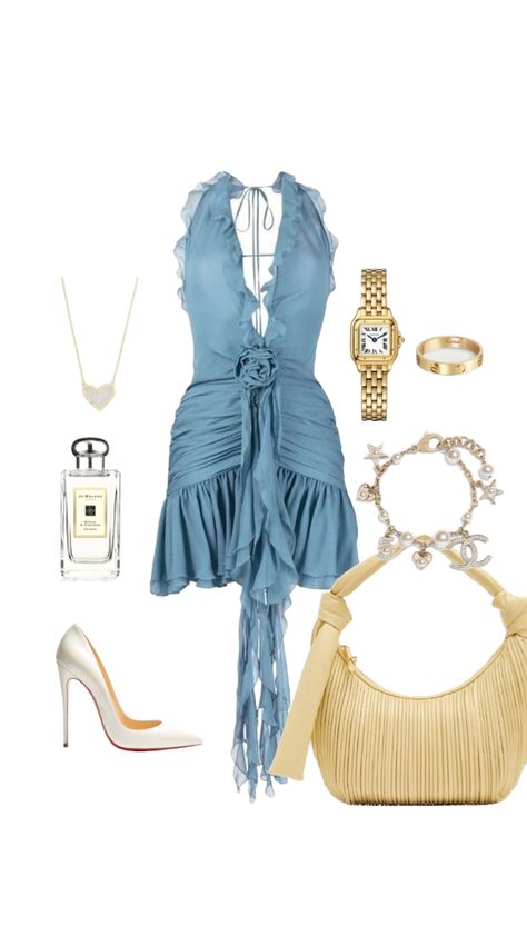 Blue Dress Gold Accessories, White Gold Outfit, Gold And White Outfit, Fancy Fits, Heels Blue, Band Outfits, Clueless Outfits, Heels Gold, Cartier Watch