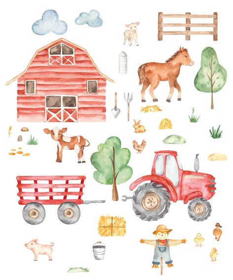 This cute water colour farmyard scene wall stickers are super easy to apply, just peel them off and stick them on your wall! Each piece is individually cut and supplied on the same sheet for you to peel off and use. Approx Sizing (to provide an idea of scale) Large (1.5mx1.25m) - Barn is 58cm x 50cm and the chick is 9cm x 7cm Small (0.75mx0.625m) - Barn is 29cm x 25cm and the chick is 4.5cm x 3.5cm Printed on high quality Peel N Stick Wallpaper Fabric or Gloss Vinyl * Clean Trouble Free Installa Farmyard Bedroom, Farm Animal Wallpaper, Farm Animal Wall Decor, Watercolour Farm Animals, Baby Farm Animals Nursery, Farm Animal Mural, Farm Nursery Wall Decor, Farm Animal Wall Decals, Farm Nursery Artwork